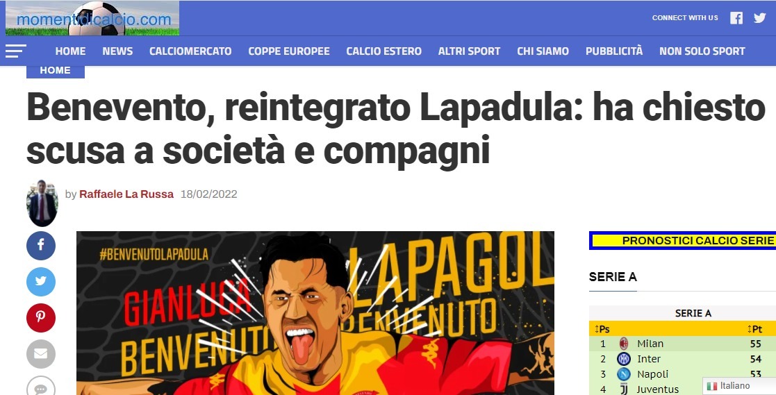 Momentidicalcio.com: Benevento, tornato al Lapadula: si scusa con società e compagni