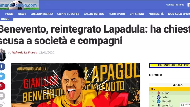 Momentidicalcio.com: Benevento, reincorporado a Lapadula: se disculpó con club y compañeros