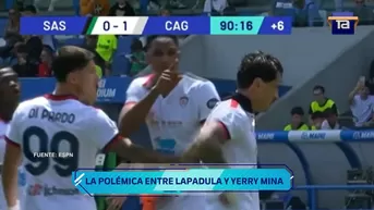 Yerry Mina tuvo polémico gesto con Gianluca Lapadula por no dejarle patear el penal