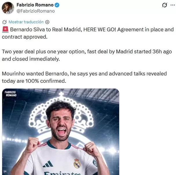 Bernardo Silva al Real Madrid, según la información de Fabrizio Romano.