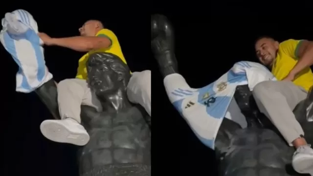 Hincha brasileño le colocó la camiseta de Argentina a Rocky. Foto: Captura / Video: @geglobo