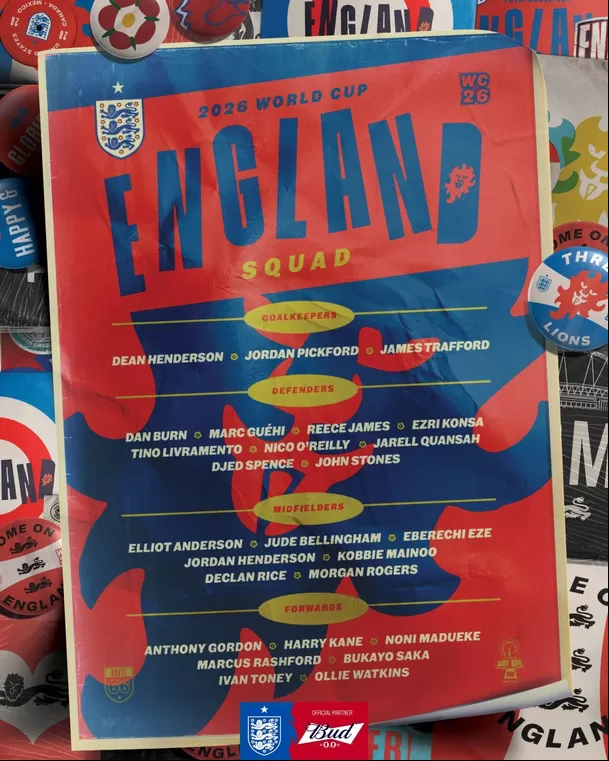 Convocados de Inglaterra para el Mundial 2026. | Foto: X de @England