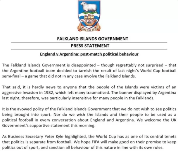 Comunicado de las Islas Malvinas sobre celebracción de la selección Argentina / Foto: Falkland Islands Legislative Assembly Comunicado de las Islas Malvinas sobre celebracción de la selección Argentina / Foto: Falkland Islands Legislative Assembly