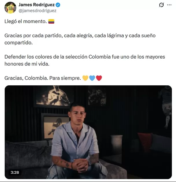 Mensaje de James Rodríguez tras anunciar su retiro de la selección / Fuente: X James Rodríguez Mensaje de James Rodríguez tras anunciar su retiro de la selección / Fuente: X James Rodríguez