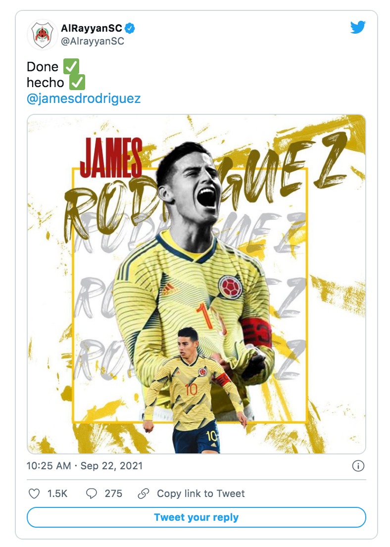 James Rodríguez es nuevo jugador del Al-Rayyan de Qatar.