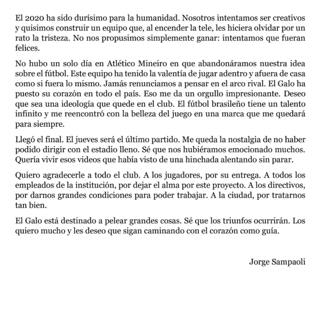 Aquí la carta de Jorge Sampaoli.