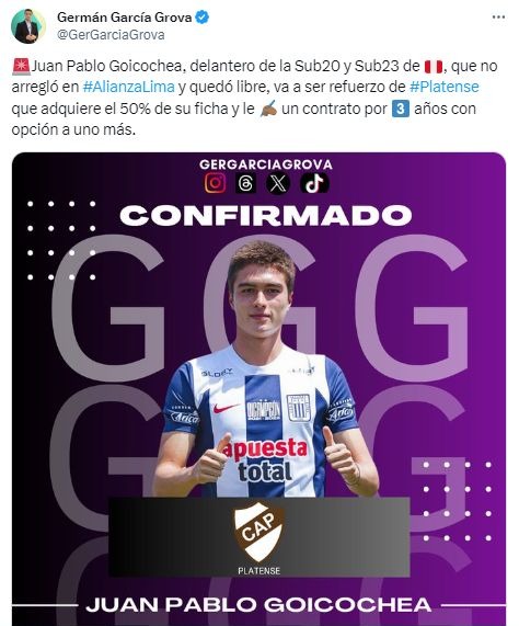 Juan Pablo Goicochea jugará en Platense. | Fuente: @GerGarciaGrova