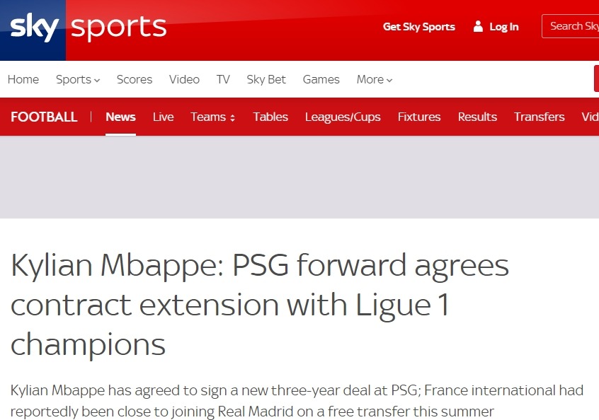 Sky Sports (Inglaterra): &quot;Kylian Mbappé: el delantero del PSG acuerda una extensión de contrato con los campeones de la Ligue 1&quot;.