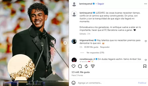 Mensaje de Lamine Yamal tras el Balón de Oro 2026 / Foto: IG de Lamine Yamal Mensaje de Lamine Yamal tras el Balón de Oro 2026 / Foto: IG de Lamine Yamal