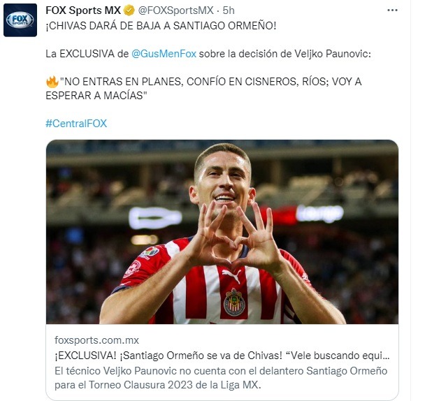 Tweet informando noticia sobre Santiago Ormeño