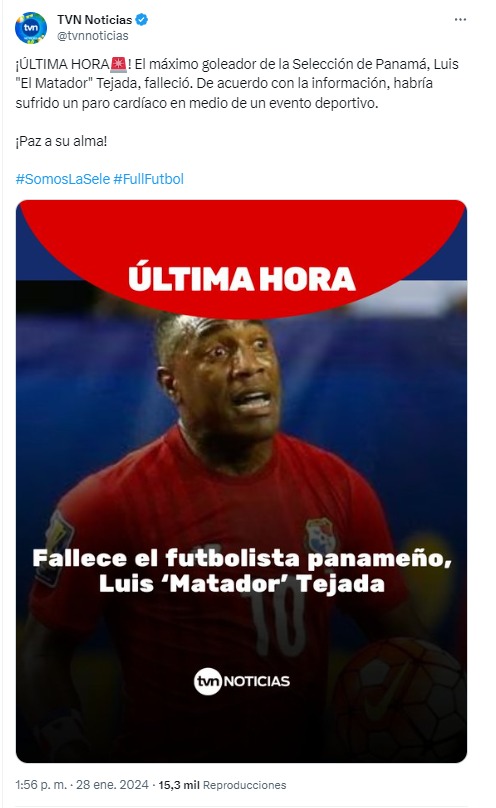 Medios panameños informan del fallecimiento del delantero Luis Tejada - Foto: @tvnnoticias