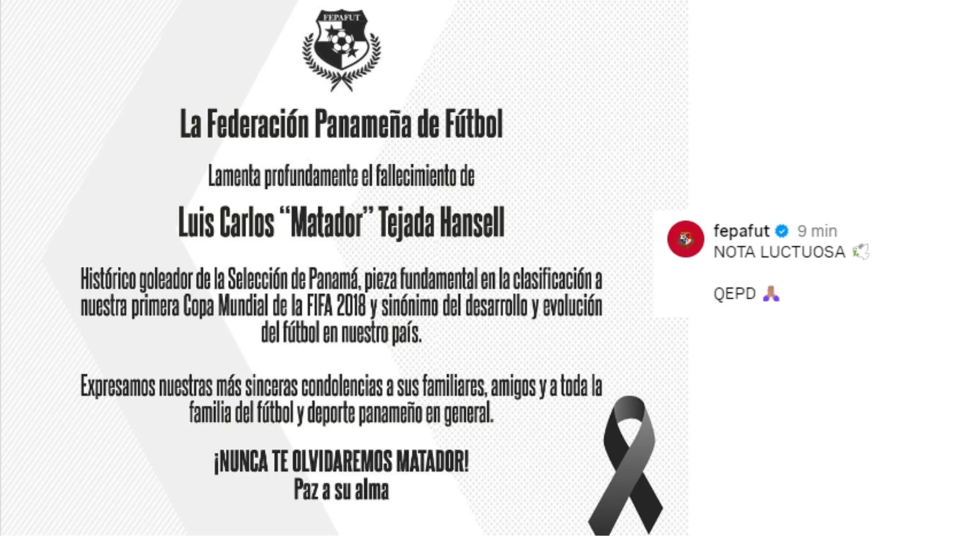 Mensaje publicado por la Federación Panameña de Fútbol sobre el deceso de Luis Tejada / Foto: fepafut