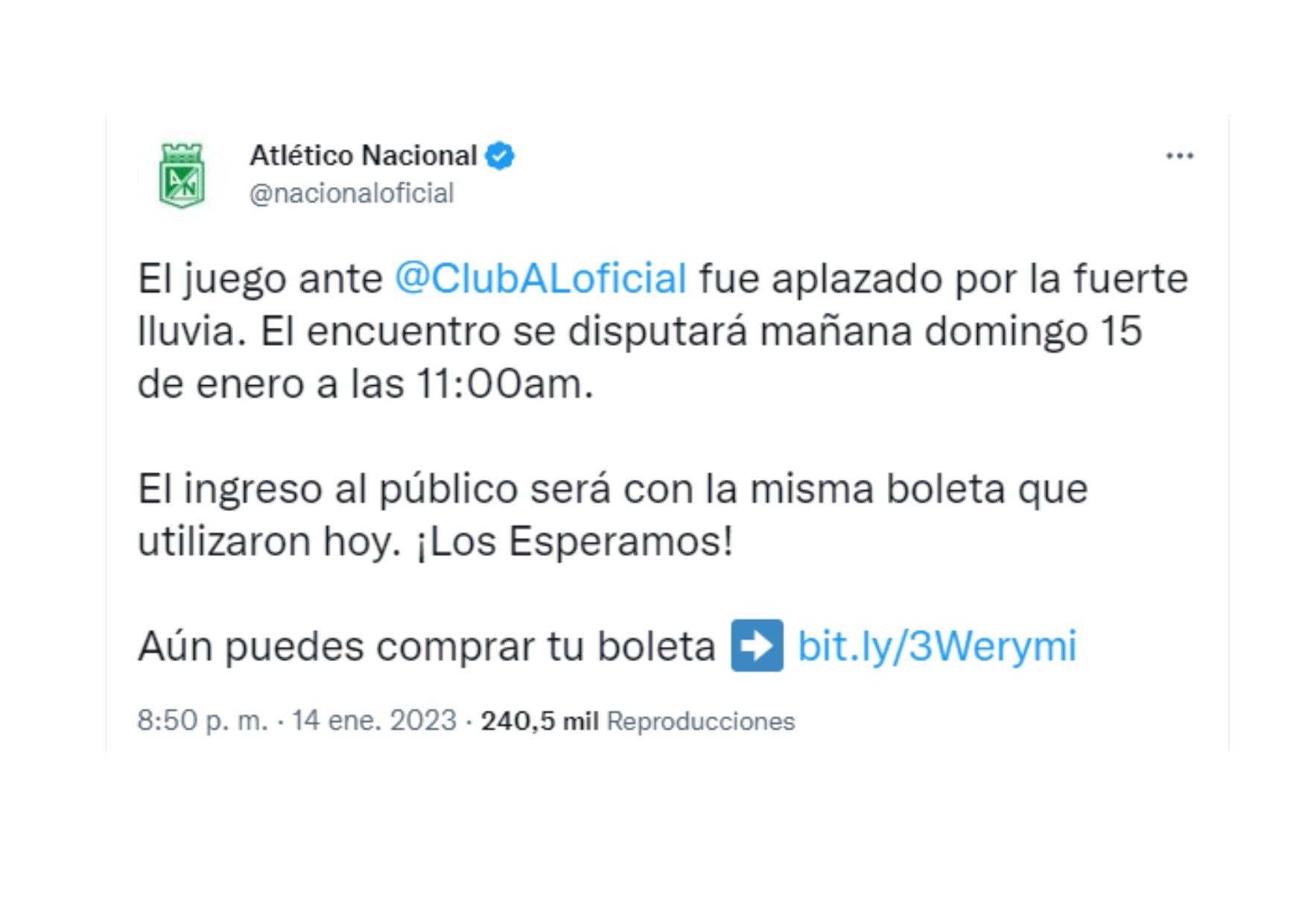 Tweet del Atlético Nacional