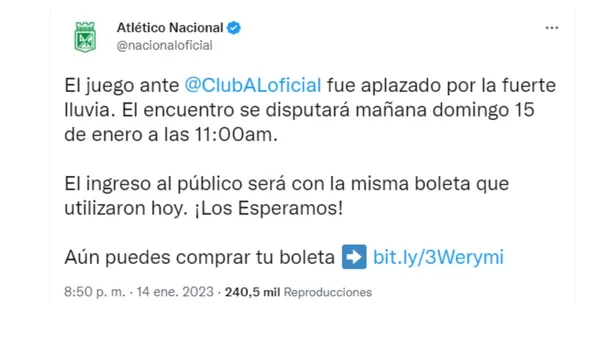 Tweet del Atlético Nacional