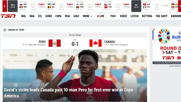 TSN de Canadá habla sobre al victoria peruana / Captura: TSN