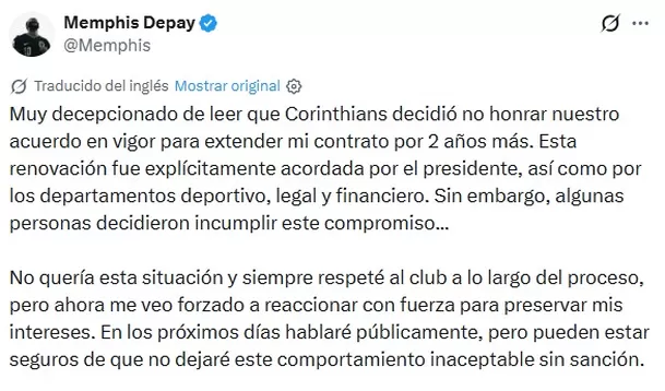 Mensaje de Memphis Depay tras su no renovación en Corinthians / Fuente: X Memphis Depay Mensaje de Memphis Depay tras su no renovación en Corinthians / Fuente: X Memphis Depay
