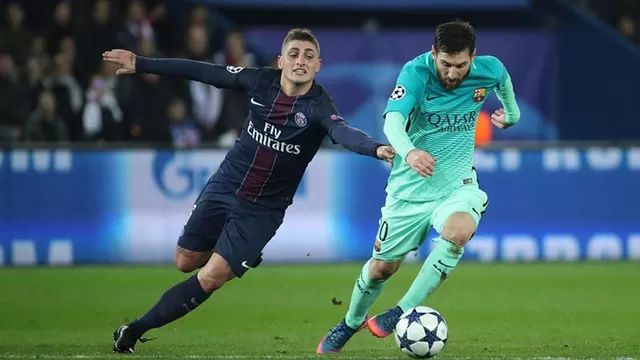 Verratti marcando a Messi en el duelo de ida de la &amp;uacute;ltima Champions League.