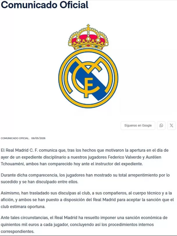Captura del comunicado oficial del Real Madrid. Fuente: X @RealMadrid