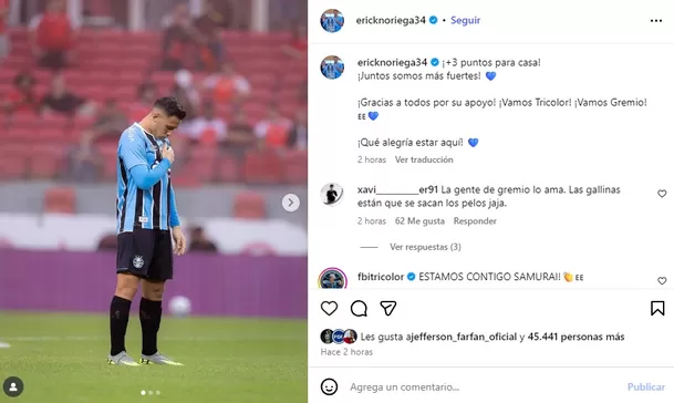 Mensaje de Erick Noriega luego de cometer dos penales en el Gremio vs Inter / IG
