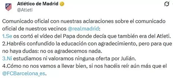 Post en X del Atlético de Madrid. Post en X del Atlético de Madrid.