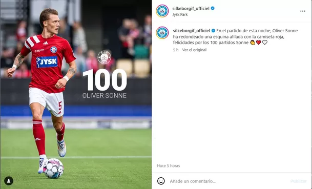 Oliver Sonne llegó a los 100 partidos con el Silkeborg. | Foto: IG Silkeborg.