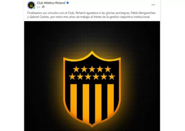 Publicación del Peñarol anunciando la salida de Pablo Bengoechea / Foto: Facebook