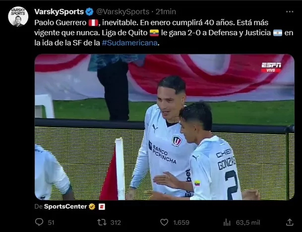 Elogios para Paolo Guerrero del periodista argentino. | Foto: X Varsky Sports