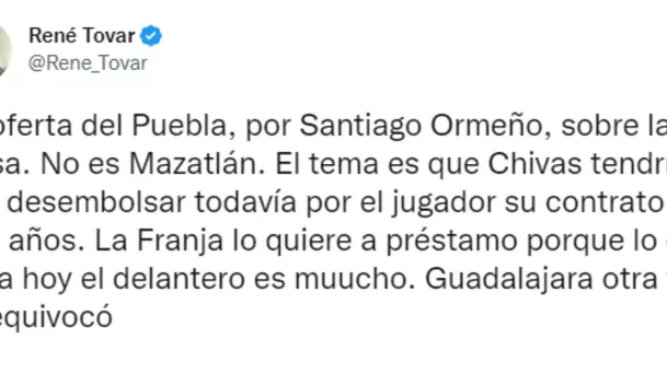 Tweet del periodista René Tovar