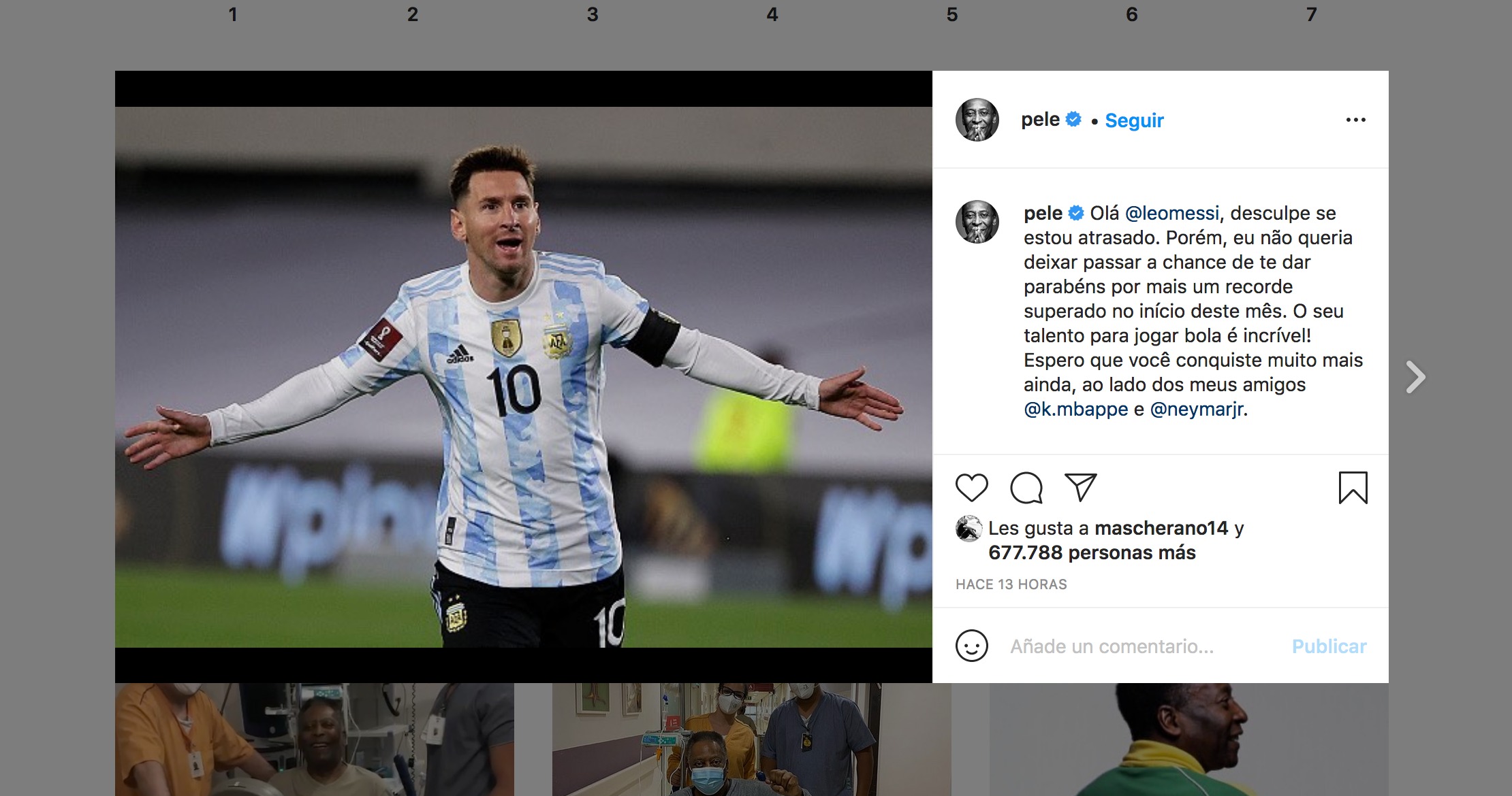 El mensaje de Pelé en Instagram.
