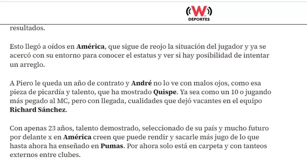 W Deportes sobre la posible llegada de Piero Quispe a América / Captura