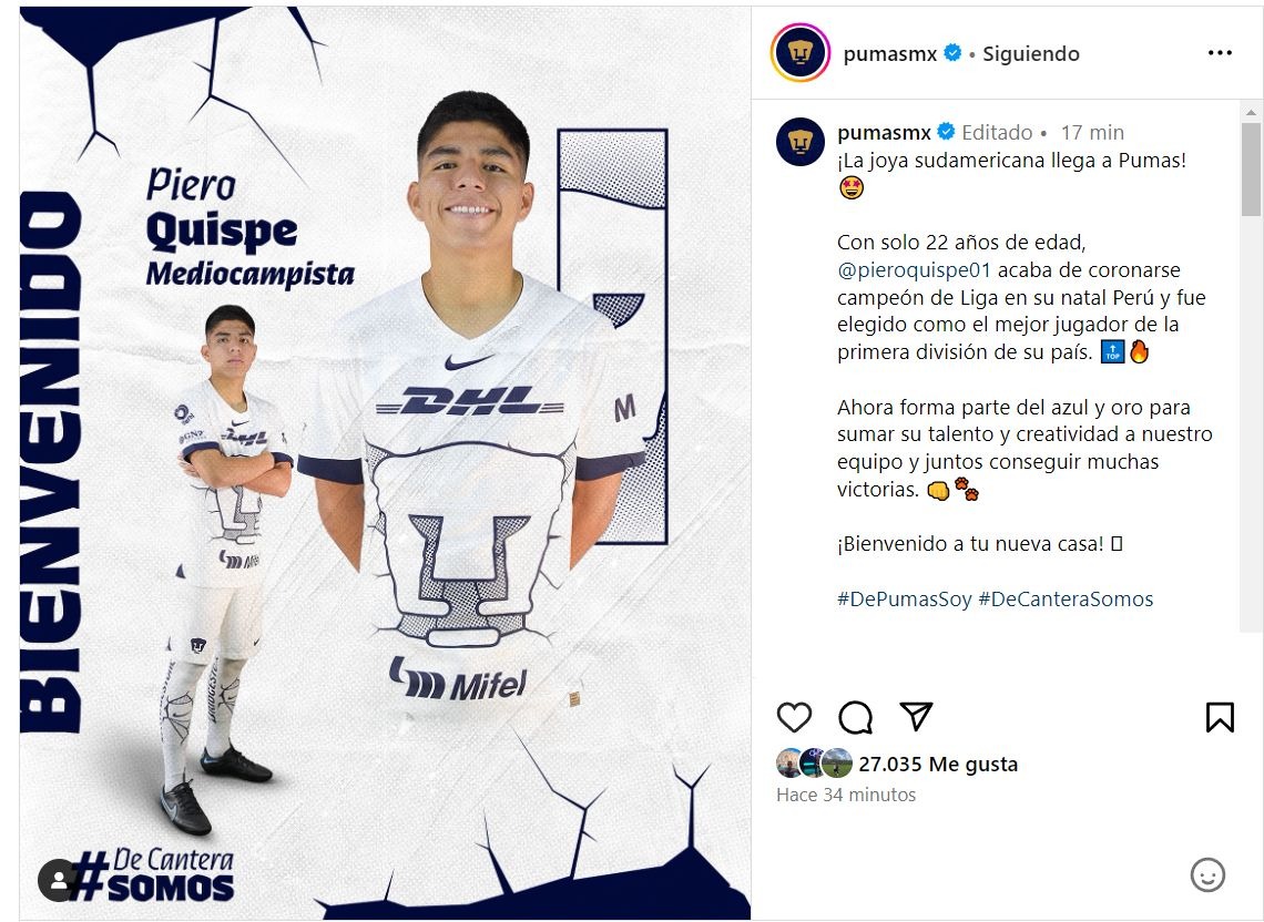 Pumas hizo oficial el fichaje de Piero Quispe. | Foto: Pumas