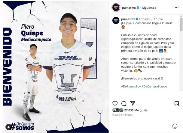 Pumas hizo oficial el fichaje de Piero Quispe. | Foto: Pumas