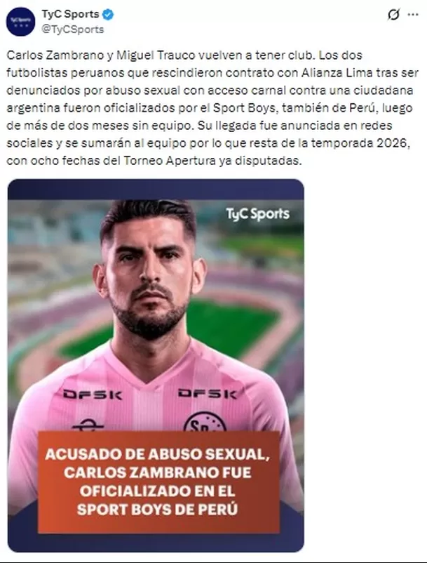 Reacción de TyC Sports al fichaje de Carlos Zambrano a Sport Boys / Captura