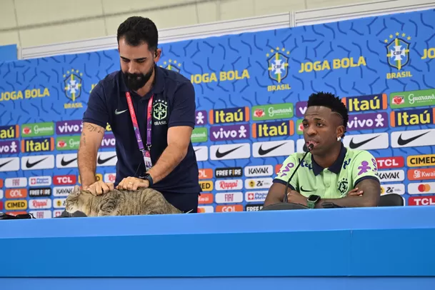 El momento en que Vinicius Rodrígues, jefe de prensa de Brasil sacó al gato de la mesa de la conferencia de prensa / Foto: AFP