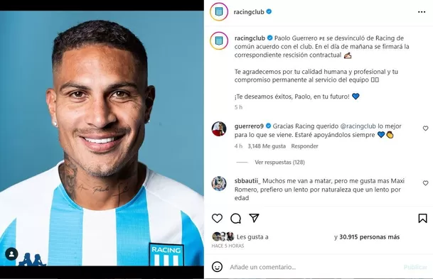 Racing Club despidió a Paolo Guerrero. | Foto: Instagram.