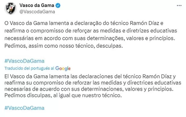 Vasco da Gama se manifestó a través de X. | Fuente: @VascodaGama