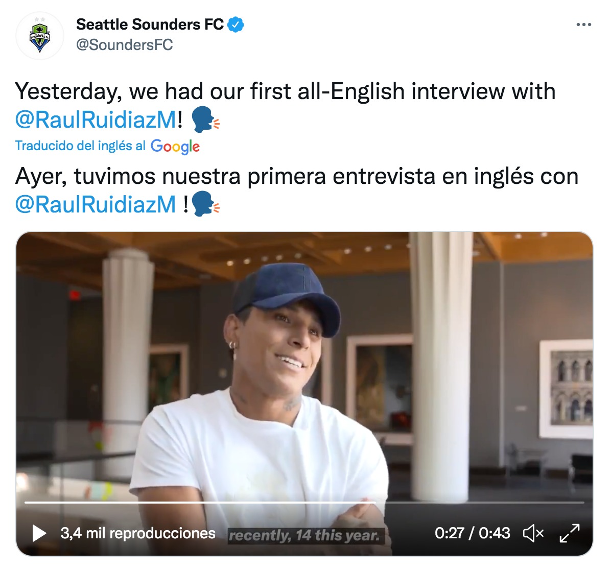 Seattle Sounders destacó la entrevista en inglés de Raúl Ruidíaz.