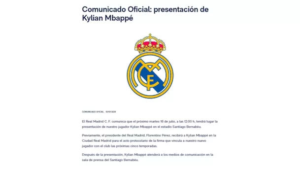 Comunicado emitido por Real Madrid sobre la presentación de Mbappé / Foto: Real Madrid