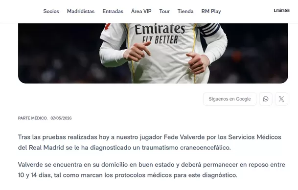 Real Madrid dio a conocer parte médica de Valverde / Foto: Web Real Madrid