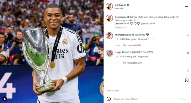 Mbappé compartió su fotografía junto a la Supercopa de Europa. | Foto: IG.