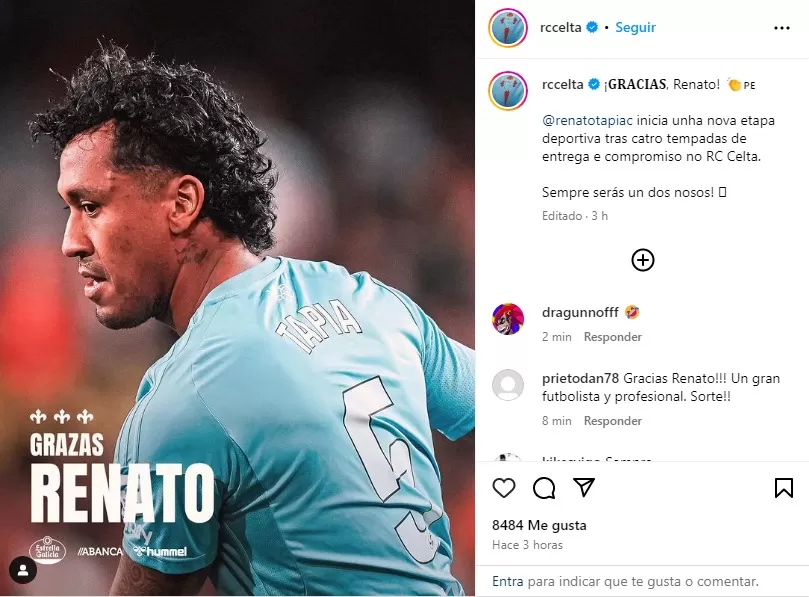 Celta de Vigo se despidió de Renato Tapia / Foto: Instagram Celta de Vigo