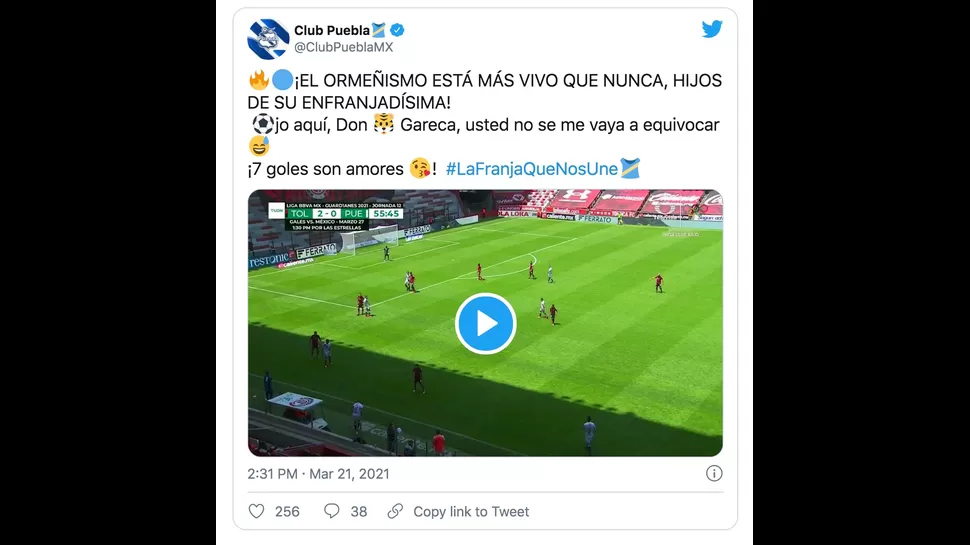 Aquí el mensaje en Twitter de Puebla.