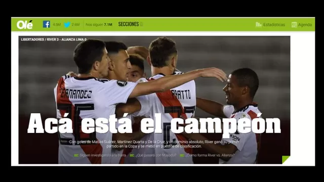 As&amp;iacute; reaccion&amp;oacute; la prensa argentina tras el triunfo de River Plate sobre Alianza Lima.-foto-1