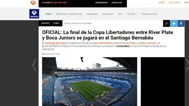 La final entre River y Boca se jugará el 9 de diciembre en el Bernabéu. | Foto: Facebook-foto-1