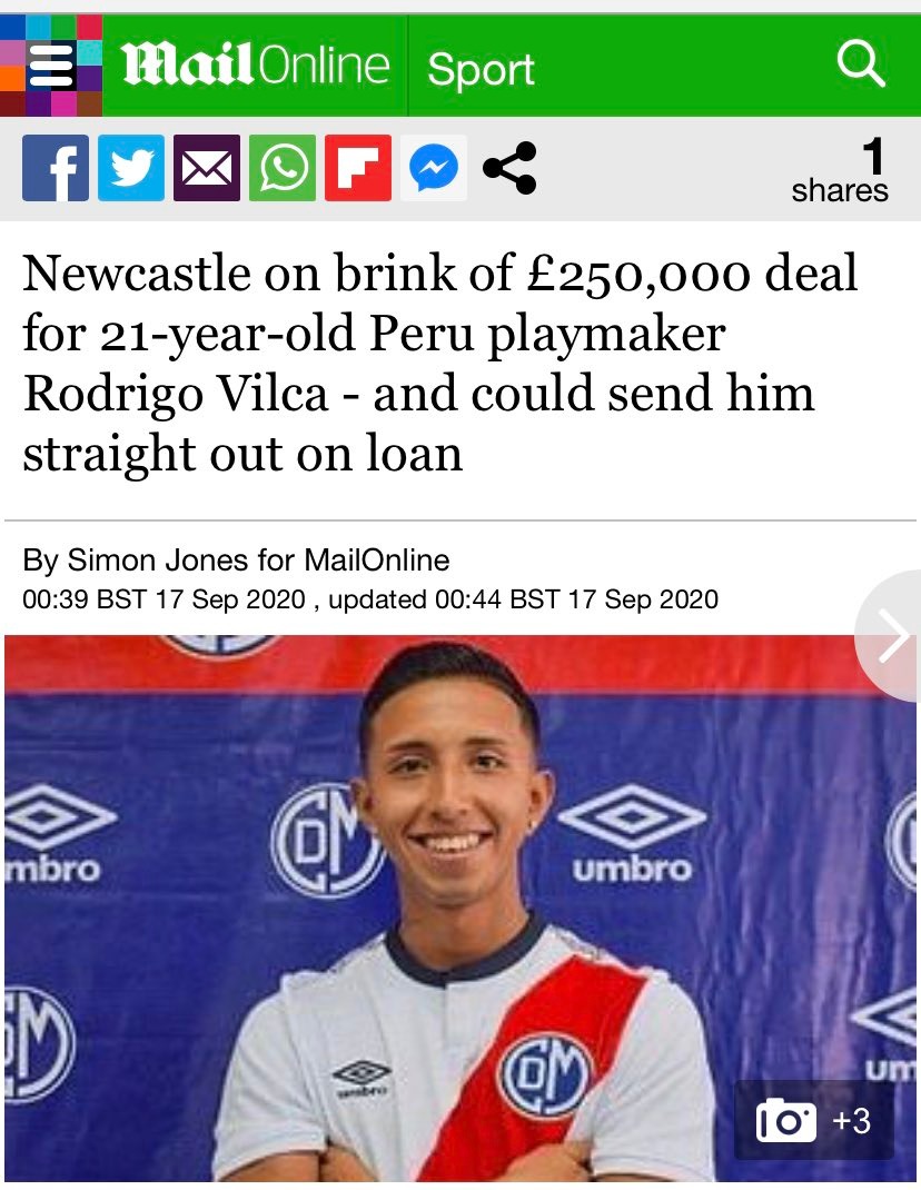 Rodrigo Vilca está cerca de convertirse en jugador del Newcastle, según Daily Mail.