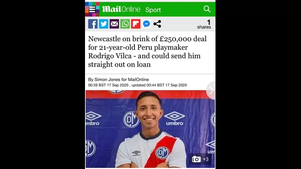 Rodrigo Vilca está cerca de convertirse en jugador del Newcastle, según Daily Mail.