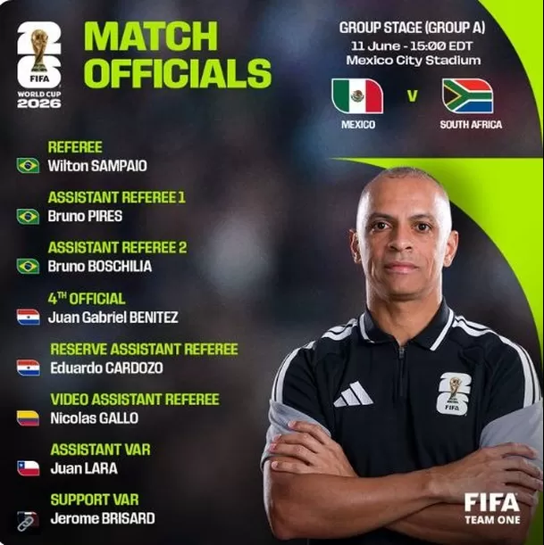 Sampaio será el árbitro del primer partido del Mundial 2026 entre México y Sudáfrica. (Foto: FIFA) Sampaio será el árbitro del primer partido del Mundial 2026 entre México y Sudáfrica. (Foto: FIFA)