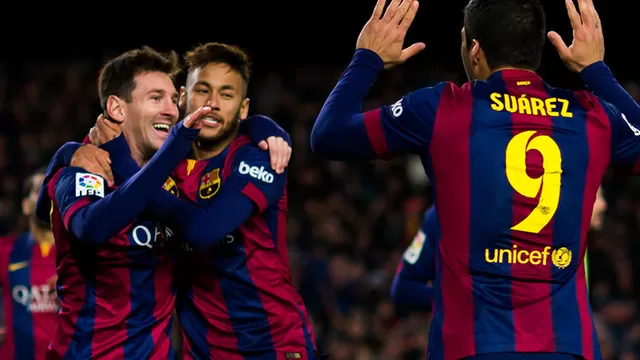 Messi, Neymar y Su&amp;aacute;rez, delantero del Barcelona.