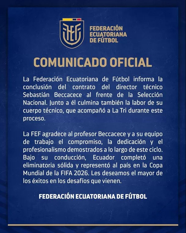 Este es el comunicado oficial de la salida de Beccacece. (Foto: FEF) Este es el comunicado oficial de la salida de Beccacece. (Foto: FEF)