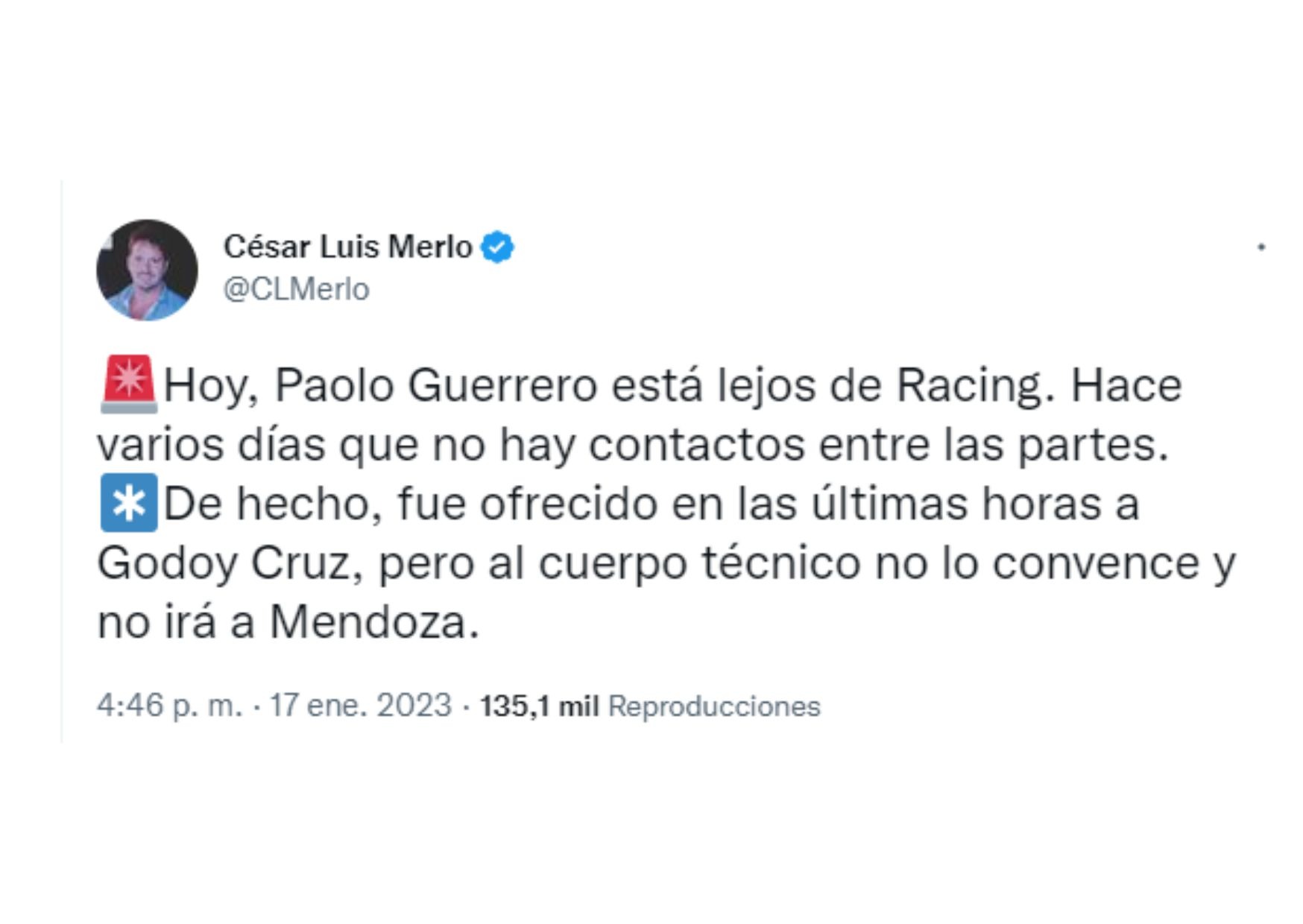 Tweet del periodista César Luis Merlo